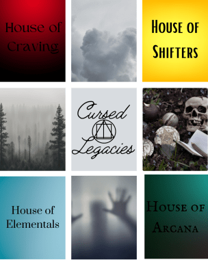 a mood board for blood oath, cursed legacies by morgan b lee. there are 9 images, starting from top left going clockwise: red gradient that says "house of craving", a cloud with barely light going through, yellow gradient that says "house of shifters", macabre image of a skull and witch-like elements, green gradient that says "house of arcana", hands against a glass, a shadow; blue gradient that says "house of elementals", spooky forest with trees in the distance, and the center image says "cursed legacies" with a line, triangle, circle, and square on top of each. 