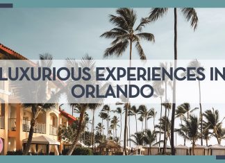 Hotel with palm trees and a pool with words 'luxurious experiences in orlando' overtop