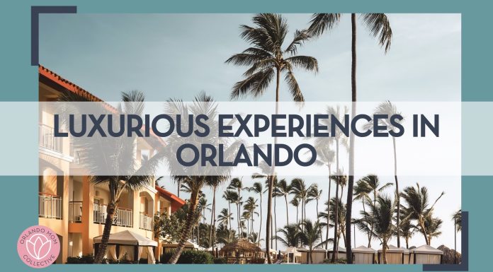 Hotel with palm trees and a pool with words 'luxurious experiences in orlando' overtop