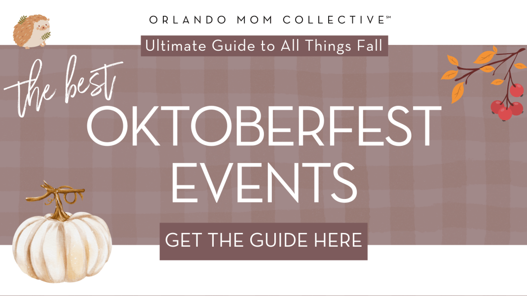 tan and brown gingham background with cream pumpkin, hedgehog and branch with orange and red leaves on it with 'oktoberfest events' in the middle