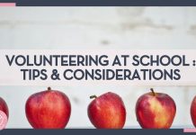 red apples lined up at the bottom with tile behind them and words 'Volunteering at School: Tips & Considerations" overtop