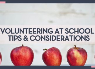 red apples lined up at the bottom with tile behind them and words 'Volunteering at School: Tips & Considerations" overtop