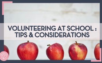 red apples lined up at the bottom with tile behind them and words 'Volunteering at School: Tips & Considerations" overtop