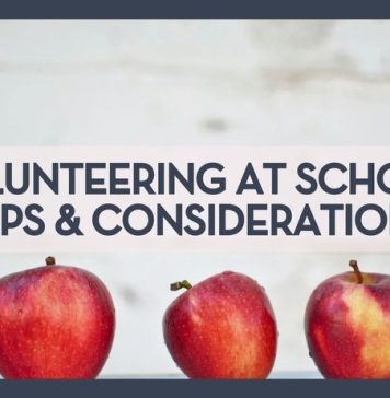 red apples lined up at the bottom with tile behind them and words 'Volunteering at School: Tips & Considerations" overtop