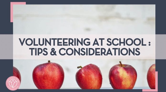 red apples lined up at the bottom with tile behind them and words 'Volunteering at School: Tips & Considerations" overtop