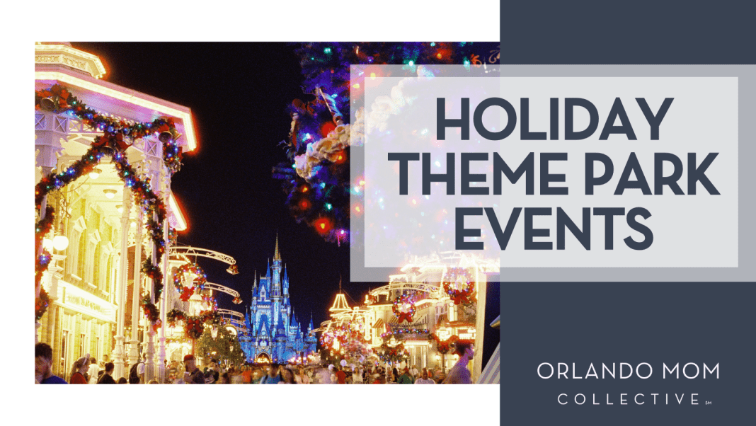 Holiday Theme Park Events Juliana Uribbe via Unsplash Main Street USA at Magic Kingdom with holiday decor and lights with 'holiday theme park events' on the right