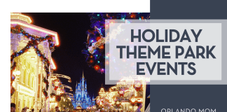 Juliana Uribbe via Unsplash Main Street USA at Magic Kingdom with holiday decor and lights with 'holiday theme park events' on the right
