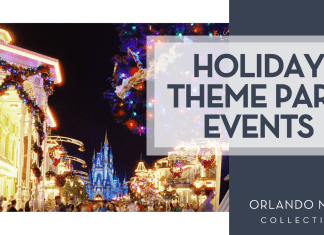 Juliana Uribbe via Unsplash Main Street USA at Magic Kingdom with holiday decor and lights with 'holiday theme park events' on the right