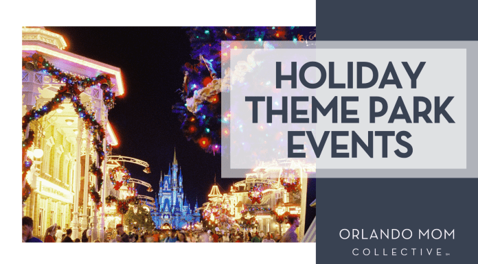 Juliana Uribbe via Unsplash Main Street USA at Magic Kingdom with holiday decor and lights with 'holiday theme park events' on the right