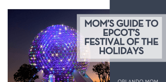 Brian McGowan via Unsplash Spaceship Earth lit up at night in purples, pinks, blues and greens with 'Mom’s Guide to EPCOT's Festival of the Holidays' on the right