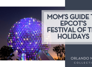 Mom’s Guide to EPCOT’s Festival of the Holidays Brian McGowan via Unsplash Spaceship Earth lit up at night in purples, pinks, blues and greens with 'Mom’s Guide to EPCOT's Festival of the Holidays' on the right