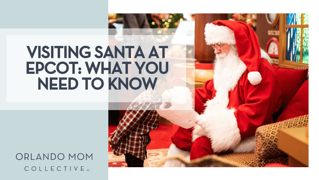 DRZ via Unsplash Santa on a red couch greeting a boy child with 'Visiting Santa at EPCOT: What You Need to Know' on the left