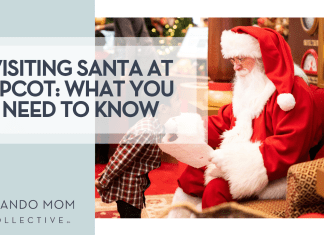Visiting Santa at EPCOT: What You Need to Know DRZ via Unsplash Santa on a red couch greeting a boy child with 'Visiting Santa at EPCOT: What You Need to Know' on the left