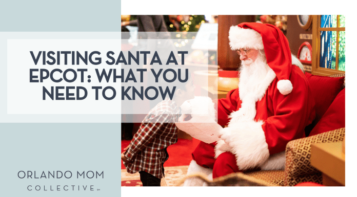 Visiting Santa at EPCOT: What You Need to Know DRZ via Unsplash Santa on a red couch greeting a boy child with 'Visiting Santa at EPCOT: What You Need to Know' on the left
