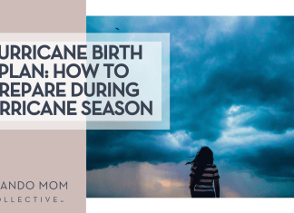 Hurricane Birth Plan: How to Prepare During Hurricane Season woman with back to camera looking at a storm via unsplash with words 'hurricane birth plan: how to prepare during hurricane season' on the left