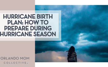 Hurricane Birth Plan: How to Prepare During Hurricane Season woman with back to camera looking at a storm via unsplash with words 'hurricane birth plan: how to prepare during hurricane season' on the left