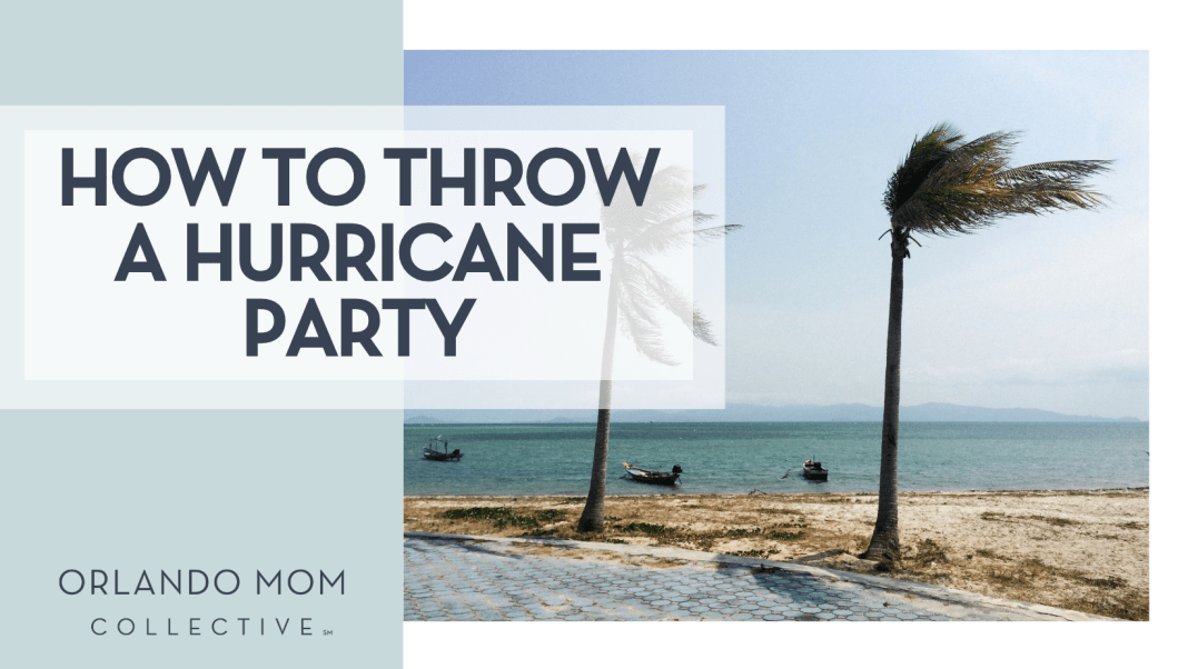 pal, trees blowing in the wind on the beach via Unsplash with words 'how to throw a hurricane party' on the left