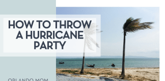 How to Throw a Hurricane Party pal, trees blowing in the wind on the beach via Unsplash with words 'how to throw a hurricane party' on the left