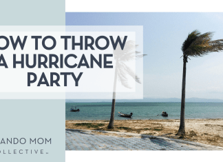 How to Throw a Hurricane Party pal, trees blowing in the wind on the beach via Unsplash with words 'how to throw a hurricane party' on the left
