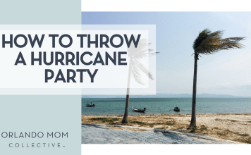 How to Throw a Hurricane Party pal, trees blowing in the wind on the beach via Unsplash with words 'how to throw a hurricane party' on the left