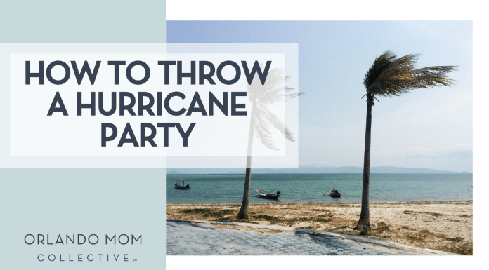 How to Throw a Hurricane Party pal, trees blowing in the wind on the beach via Unsplash with words 'how to throw a hurricane party' on the left