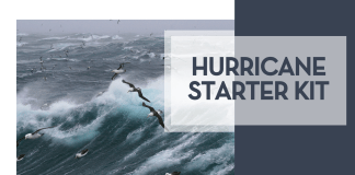 Hurricane Starter Kit bird flying over choppy waters via Unsplash with words 'hurricane starter kit' on the right side