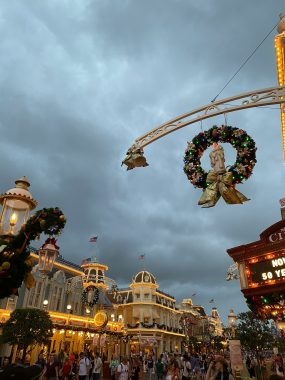 Holiday wreath decor on Main Street USA at Magic Kingdom