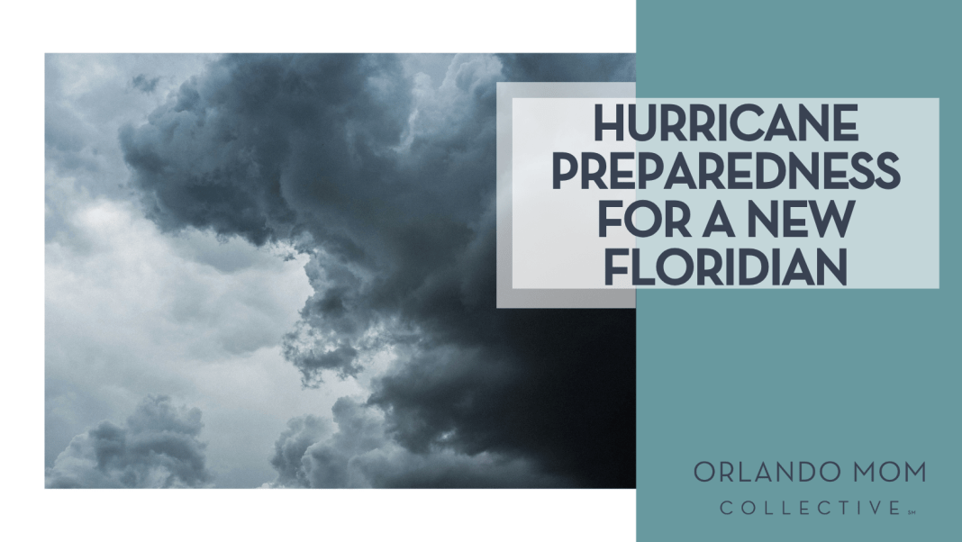 new Floridian hurricane storm cloud via Unsplash with words 'hurricane preparedness for a new floridian' on the right