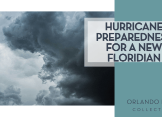 Hurricane Preparedness for a New Floridian storm cloud via Unsplash with words 'hurricane preparedness for a new floridian' on the right