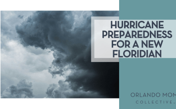 Hurricane Preparedness for a New Floridian storm cloud via Unsplash with words 'hurricane preparedness for a new floridian' on the right