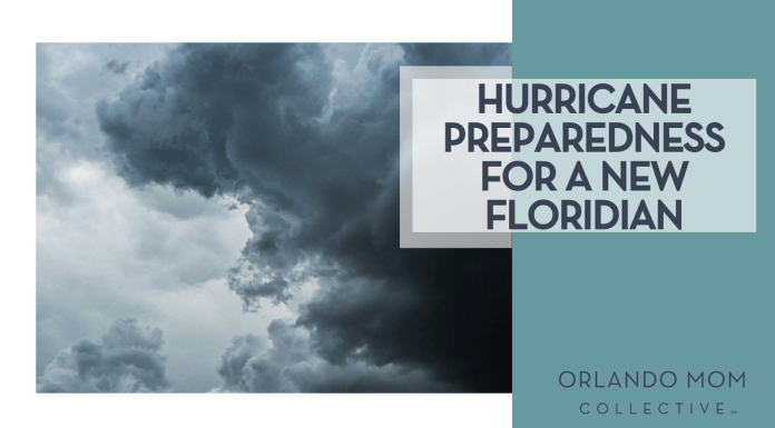 Hurricane Preparedness for a New Floridian storm cloud via Unsplash with words 'hurricane preparedness for a new floridian' on the right