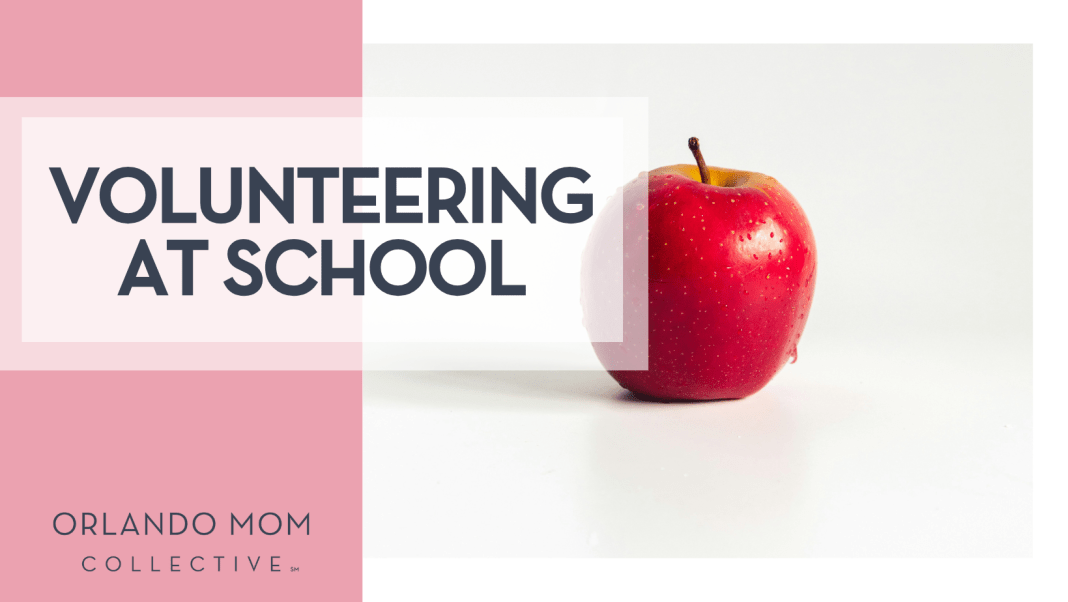 Tobi via Unsplash red apple on white back ground with words 'volunteering at school' on the left side