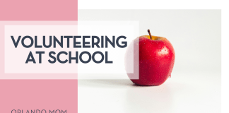 Tobi via Unsplash red apple on white back ground with words 'volunteering at school' on the left side