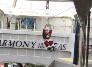 santa ziplining across the atrium of a cruise ship; cruising over the holidays