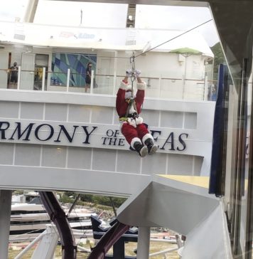 santa ziplining across the atrium of a cruise ship; cruising over the holidays