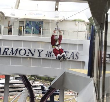 santa ziplining across the atrium of a cruise ship; cruising over the holidays