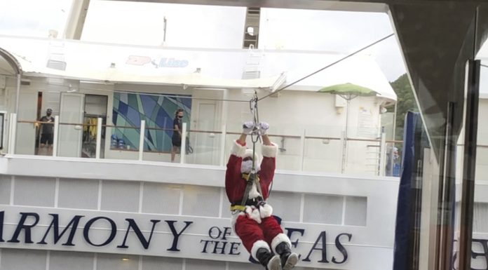 santa ziplining across the atrium of a cruise ship; cruising over the holidays