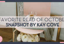 stack of books with a coffee in a clear mug on top of it sitting on a blanket and pink chair with white flowers underneath the chair and words 'favorite read of October snapshot by kay cove' overtop of the image