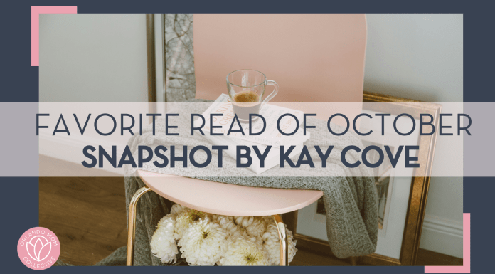 stack of books with a coffee in a clear mug on top of it sitting on a blanket and pink chair with white flowers underneath the chair and words 'favorite read of October snapshot by kay cove' overtop of the image