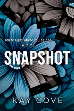 Snapshot by Kay Cove book cover with blue and black flowers with polaroids overtop