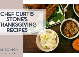 Megan Watson via Unsplash turkey, mashed potatoes, stuffing and rolls in white dishes and a small pumpkin from above all on a brown table with 'Chef Curtis Stone's Thanksgiving Recipes' on the left