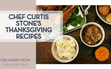 Chef Curtis Stone’s Thanksgiving Recipes Megan Watson via Unsplash turkey, mashed potatoes, stuffing and rolls in white dishes and a small pumpkin from above all on a brown table with 'Chef Curtis Stone's Thanksgiving Recipes' on the left