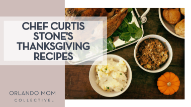 Megan Watson via Unsplash turkey, mashed potatoes, stuffing and rolls in white dishes and a small pumpkin from above all on a brown table with 'Chef Curtis Stone's Thanksgiving Recipes' on the left