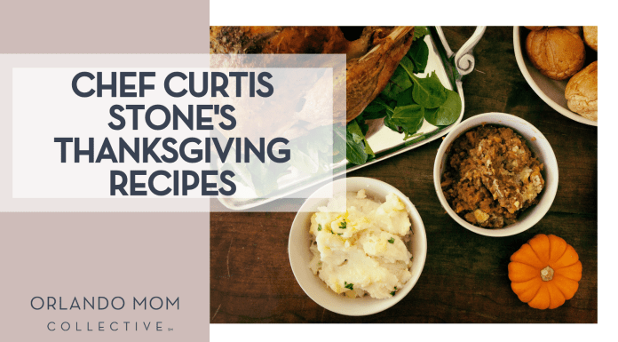 Chef Curtis Stone’s Thanksgiving Recipes Megan Watson via Unsplash turkey, mashed potatoes, stuffing and rolls in white dishes and a small pumpkin from above all on a brown table with 'Chef Curtis Stone's Thanksgiving Recipes' on the left