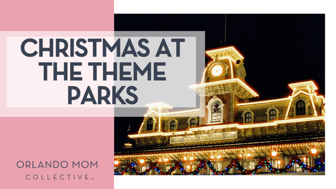 Christmas at the Theme Parks Juliana Uribbe via Unsplash Magic Kingdom train station decorated with Christmas with 'Christmas at the Theme Parks' on the left
