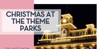 Christmas at the Theme Parks Juliana Uribbe via Unsplash Magic Kingdom train station decorated with Christmas with 'Christmas at the Theme Parks' on the left