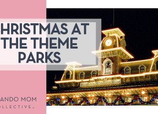 Christmas at the Theme Parks Juliana Uribbe via Unsplash Magic Kingdom train station decorated with Christmas with 'Christmas at the Theme Parks' on the left