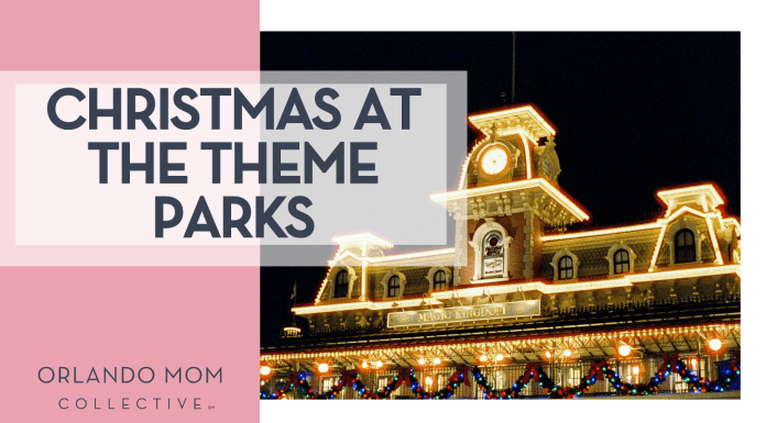 Christmas at the Theme Parks Juliana Uribbe via Unsplash Magic Kingdom train station decorated with Christmas with 'Christmas at the Theme Parks' on the left