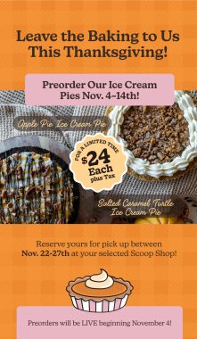 Preorder for Kelly's Homemade Ice Cream Pies with the pies and the pricing ($24/pie) on a orange background