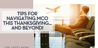Jetshoots.com via Unsplash man sitting in an airport seat with his feet up on his suitcase with an airplane taking off out the window behind him with 'Tips for Navigating MCO this Thanksgiving… and beyond' on the left